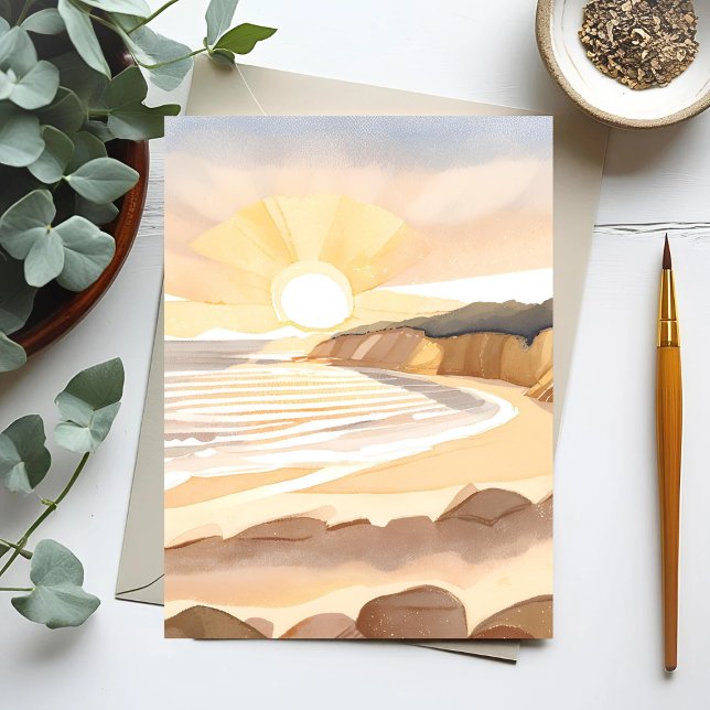 Sunset Beach | Ocean Watercolor Coastal Vykort (Skapare uppladdad)