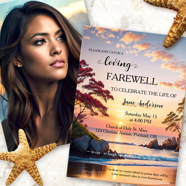 Sunset Beach Photo Firande of Life Inbjudningar (Celebration of life, memorial or funeral service photo invitation featuring a sunset on the beach)