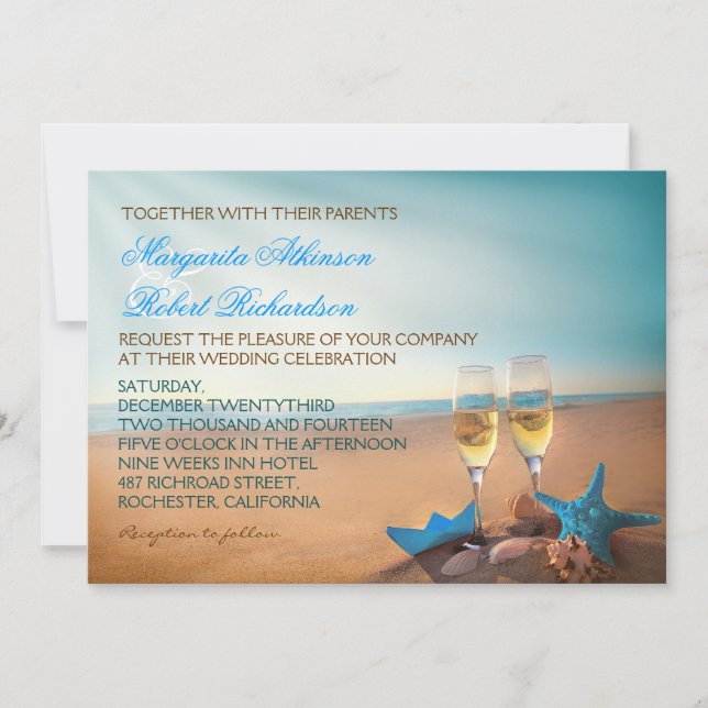 Sunset Beach Romantic Turkvoise Wedding bjudande Inbjudningar (Framsida)