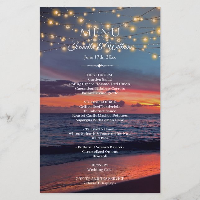 Sunset Beach String Ljus sommar Bröllop Menu (Framsida)