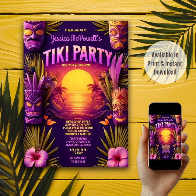 Sunset Beach Tropical Tiki Luau Födelsedagsfest Inbjudningar (Available in both Print and Instant Download)