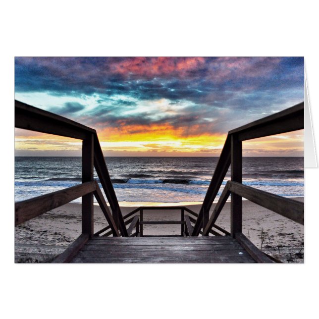 Sunset Beach View från Rustic Wood Deck Hälsningskort (Framsidan Horizontal)