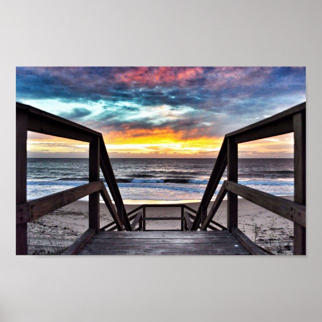 Sunset Beach View från Rustic Wood Deck Poster (Framsidan)