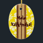 Sunset Beach Vintage Surfboard Ornament<br><div class="desc">Sunset Beach, som är beläget på Oahus norra Shore i Hawaii, är känd för sin historia med berömd surfare från femtiotalet och sextiotalet. Dessa surfare och formare inspirerade oss att utforma detta prydnadsämne. Vi kombinerade koa wood rand och tryckta skivor av hibiscus blommor. I jul är vår hälsning "Mele Kalikimaka",...</div>