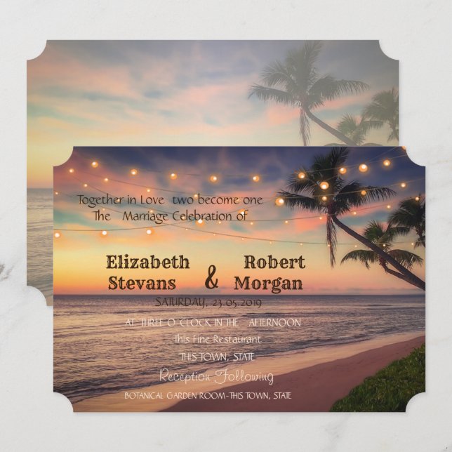 Sunset Beach Wedding , Handflatan, Ljus inbjudan (Fram/baksida)