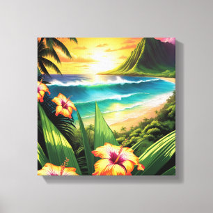 Sunset Beach with Flowers and Handflatan Canvastryck
