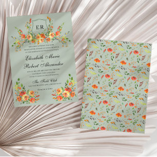Sunset Bloom Monogram Blommigt Grönt Vapensköld Br Inbjudningar