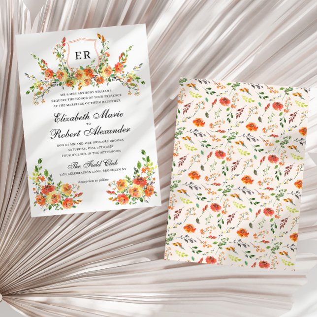 Sunset Bloom Monogram Floral Crest Wedding Inbjudningar (Skapare uppladdad)