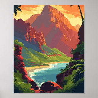 Sunset Canyon River - Retro Scenia Mountain Poster