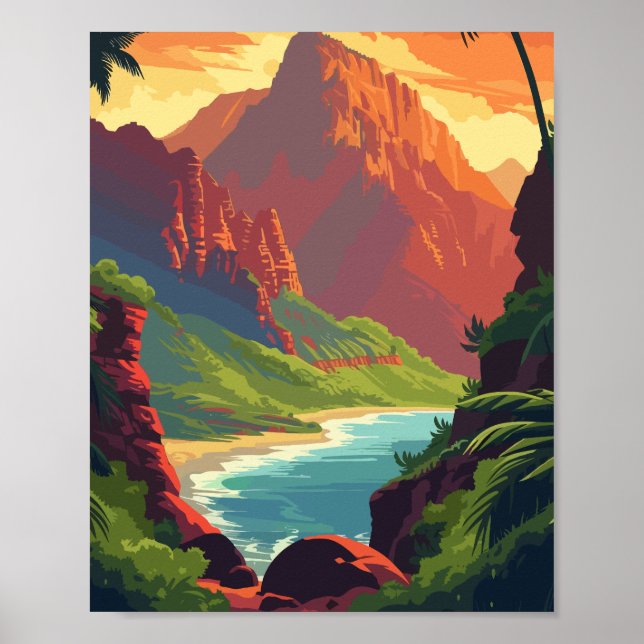 Sunset Canyon River - Retro Scenia Mountain Poster (Framsidan)