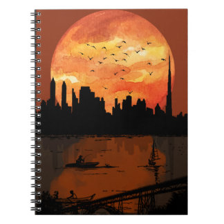 Sunset City Skyline Silhouette Watercolor Spiral N Anteckningsbok