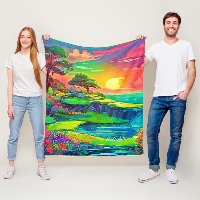 Sunset Cliff Paradise Art Fleecefilt (På plats)