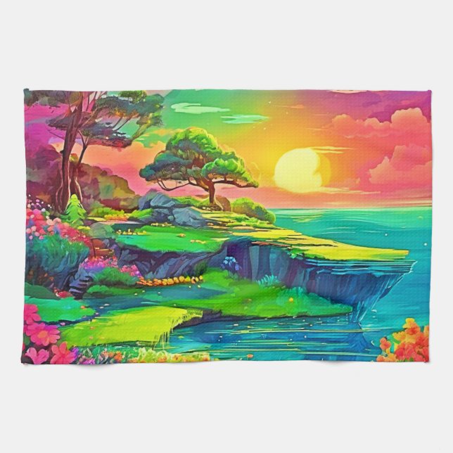 Sunset Cliff Paradise Art Kökshandduk (Horisontell)