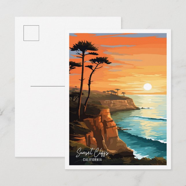 Sunset Cliffs California Travel Illustration Vykort (Fram/baksida)