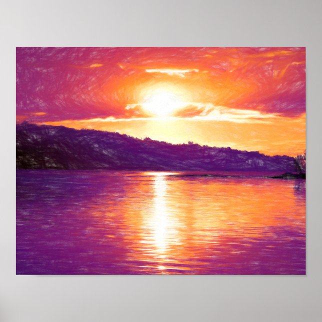 Sunset Coastal Beach Orange Lila Art Poster (Framsidan)