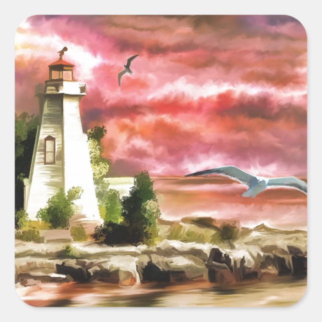 Sunset Coastal Lighthouse Fyrkantigt Klistermärke (Framsida)
