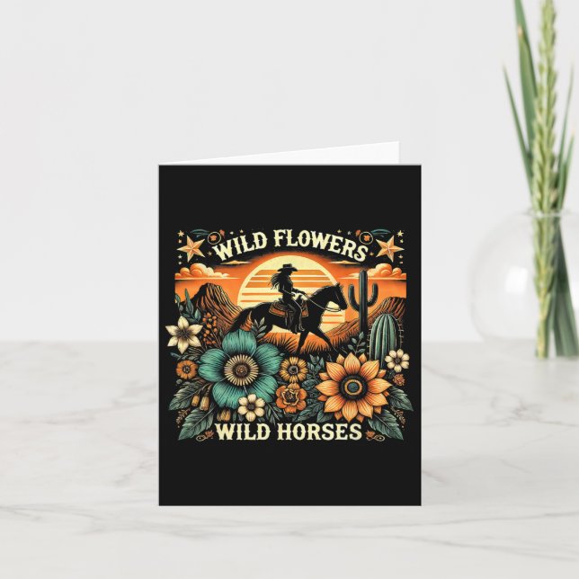 Sunset Cowgirl Riding Horse Vild Flowers - Vild Ho Kort (Framsida)