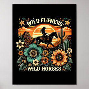Sunset Cowgirl Riding Horse Vild Flowers - Vild Ho Poster