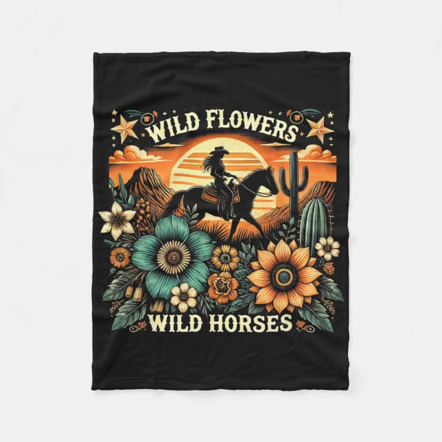 Sunset Cowgirl Riding Horse Wild Flowers - Wild Ho Fleecefilt (Framsidan)