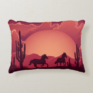 Sunset Desert Vild Runows Horses Prydnadskudde