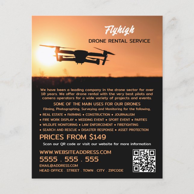 Sunset Drone Silhouette, Drone Rental Company Flygblad (Framsidan)