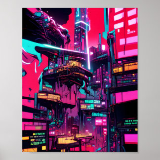 Sunset Dystopian City - Neon Bläck Illustration Poster