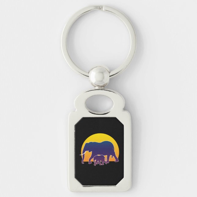 Sunset Elephants Rektangulärt Silverfärgad Nyckelring (Framsidan)