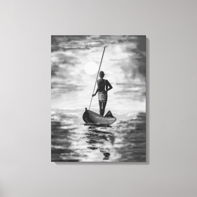 Sunset Fisherman Kanvastryck Black White Painting (Framsida)