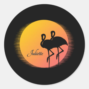 Sunset Flamingos Personal med Namn Runt Klistermärke