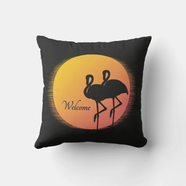 Sunset Flamingos Välkommen Kudde (Baksida)