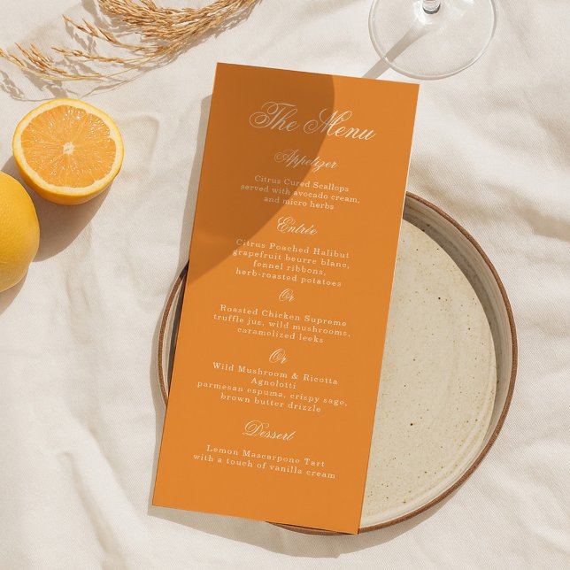 Sunset Glow Orange Script Wedding Menu Card Inbjudningar (Skapare uppladdad)