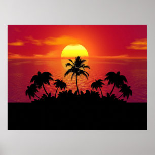 Sunset Handflatan Träd Silhouettes Poster