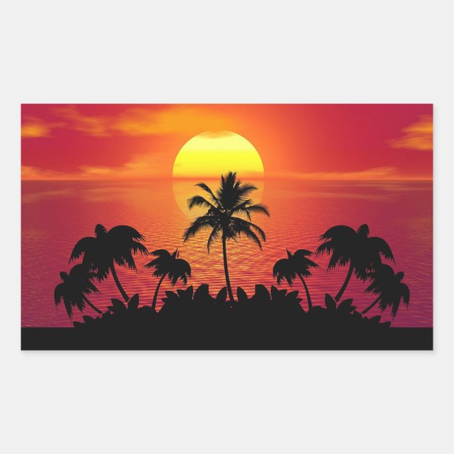 Sunset Handflatan Träd Silhouettes Rektangulärt Klistermärke (Framsida)