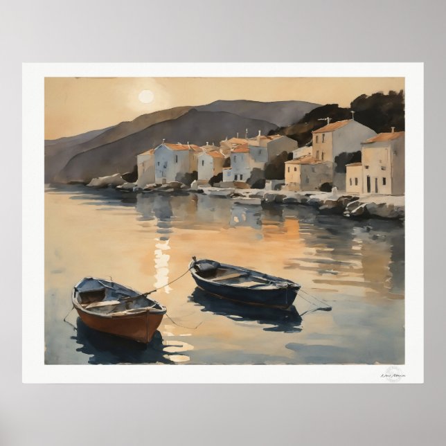 Sunset Harbor Reflection Oil Painting Art Print Poster (Framsidan)