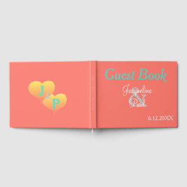 Sunset Hearts Coral Bröllop Monogram Gästböcker
