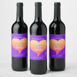 Sunset Hearts Violet Bröllop Monogram Vinflaska Etikett