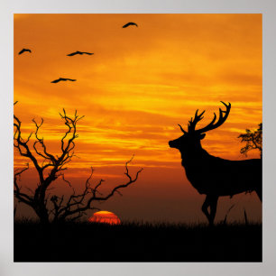 Sunset Hjort Silhouette Poster
