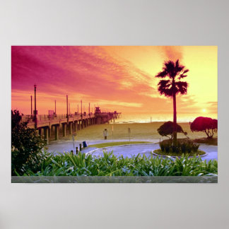 Sunset, Huntington Beach pier, California, USA Poster