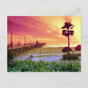 Sunset, Huntington Beach pier, California, USA Vykort