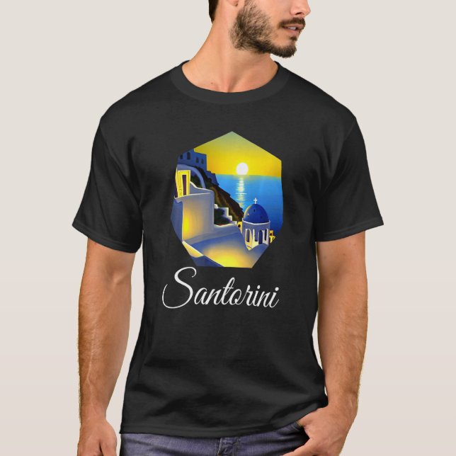 Sunset In Santorini Greece Painting T Shirt (Framsida)