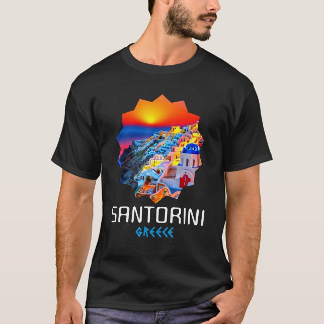 Sunset In Santorini Greece Painting T Shirt (Framsida)