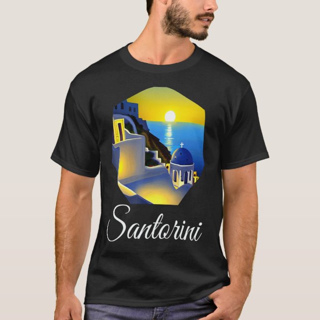 Sunset In Santorini Greece Painting T Shirt (Framsida)