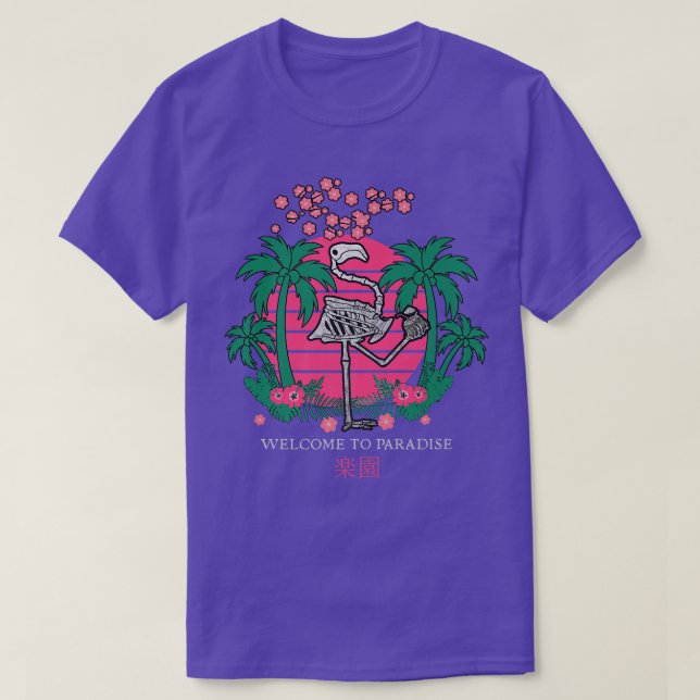 Sunset Japan Vaporwave Kanji Skeleton Flamingo Par T Shirt (Design framsida)