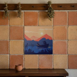 Sunset Lake Canoe Illustration Kakelplatta
