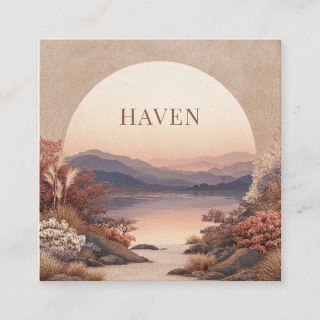 Sunset Lake Landscape Peach Semicircle Geometric Fyrkantigt Visitkort (Framsida)