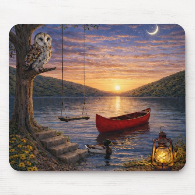 Sunset Lake Owl Canoe Mouse Pad Musmatta (Framsidan)
