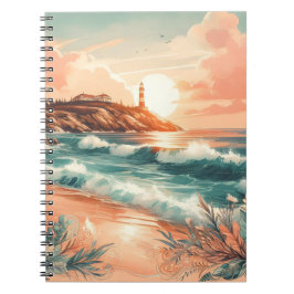 Sunset Lighthouse Ocean Beach Boho Blommigt Anteckningsbok