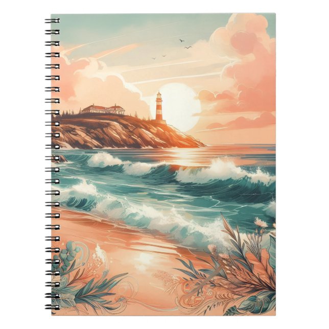 Sunset Lighthouse Ocean Beach Boho Blommigt Anteckningsbok (Framsidan)