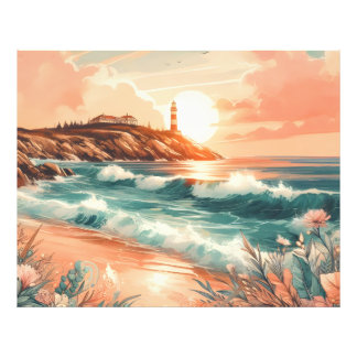 Sunset Lighthouse Ocean Beach Boho Blommigt Fototryck