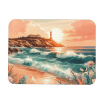 Sunset Lighthouse Ocean Beach Boho Blommigt